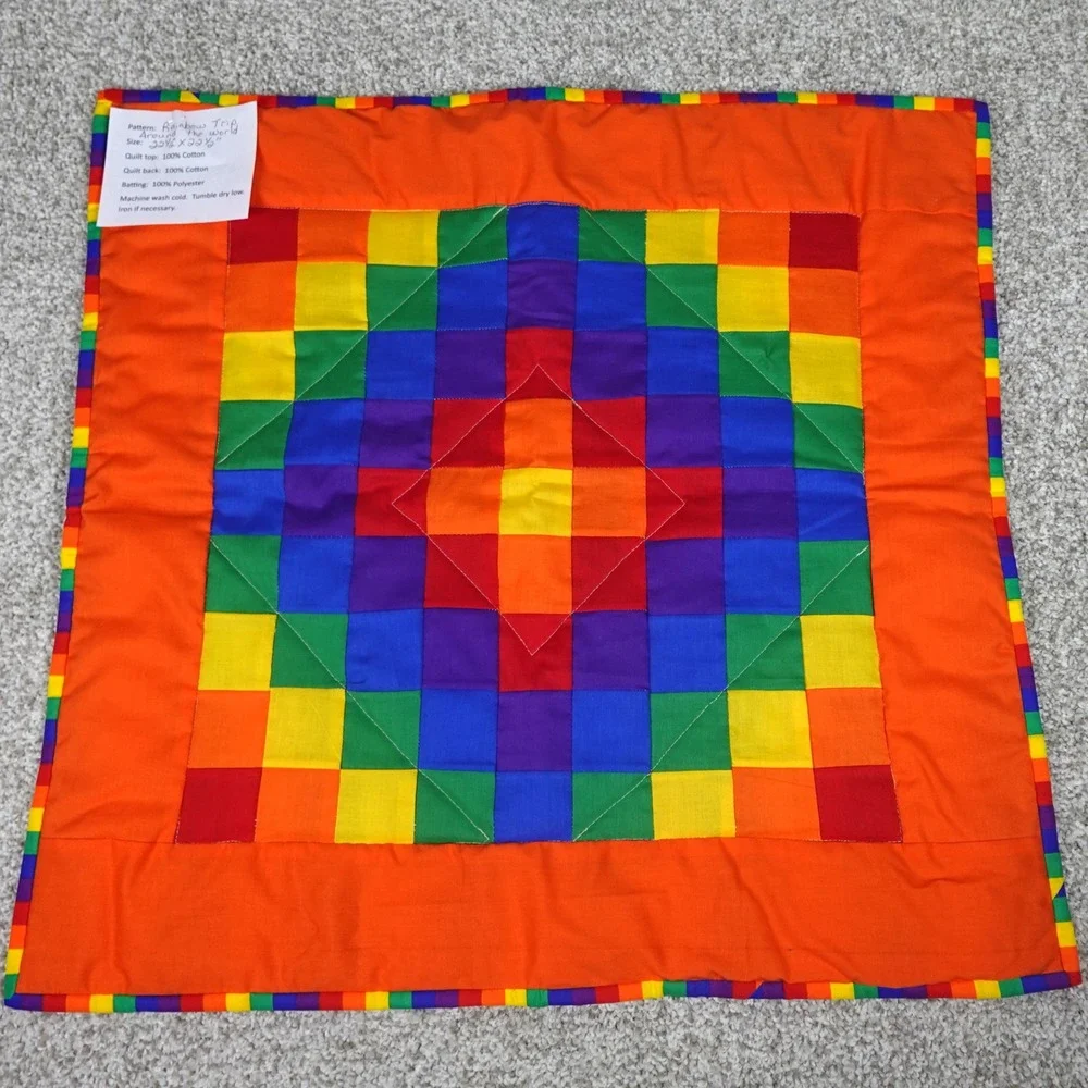 Handmade Rainbow Trip Around the World Patchwork Baby Quilt 22.5x22.5 Cotton